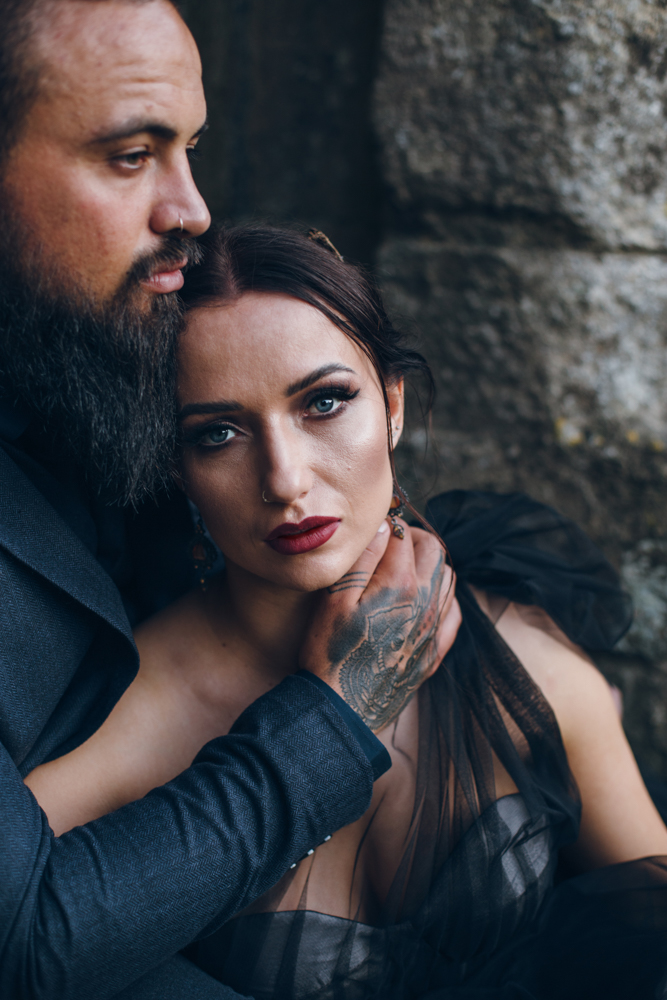 Magical Maleficent Wedding With Black Wedding Dress at Nunney Castle, Somerset