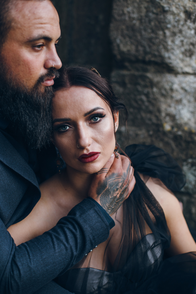 Magical Maleficent Wedding With Black Wedding Dress at Nunney Castle, Somerset