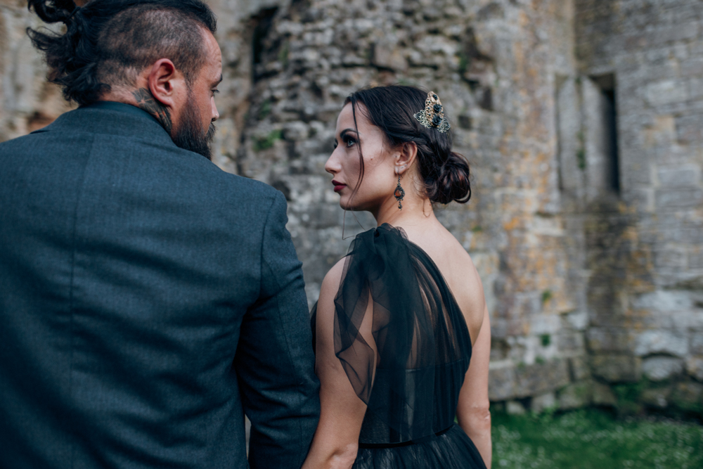 Magical Maleficent Wedding With Black Wedding Dress at Nunney Castle, Somerset