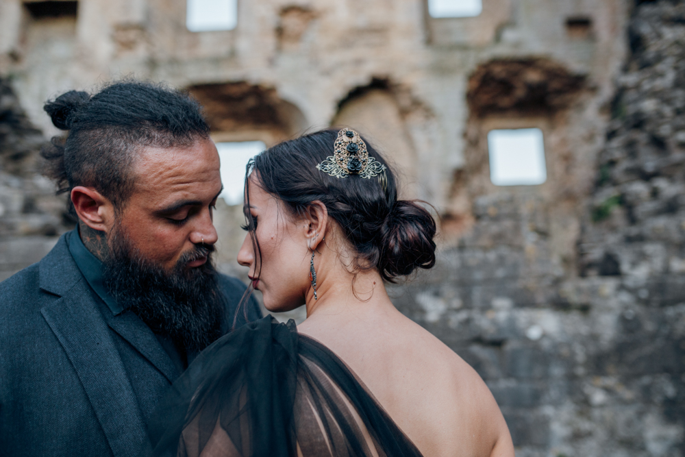 Magical Maleficent Wedding With Black Wedding Dress at Nunney Castle, Somerset