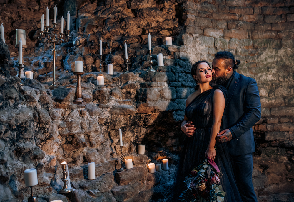 Magical Maleficent Wedding With Black Wedding Dress at Nunney Castle, Somerset