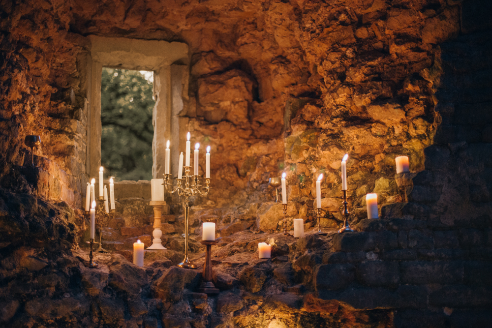 Magical Maleficent Wedding With Black Wedding Dress at Nunney Castle, Somerset