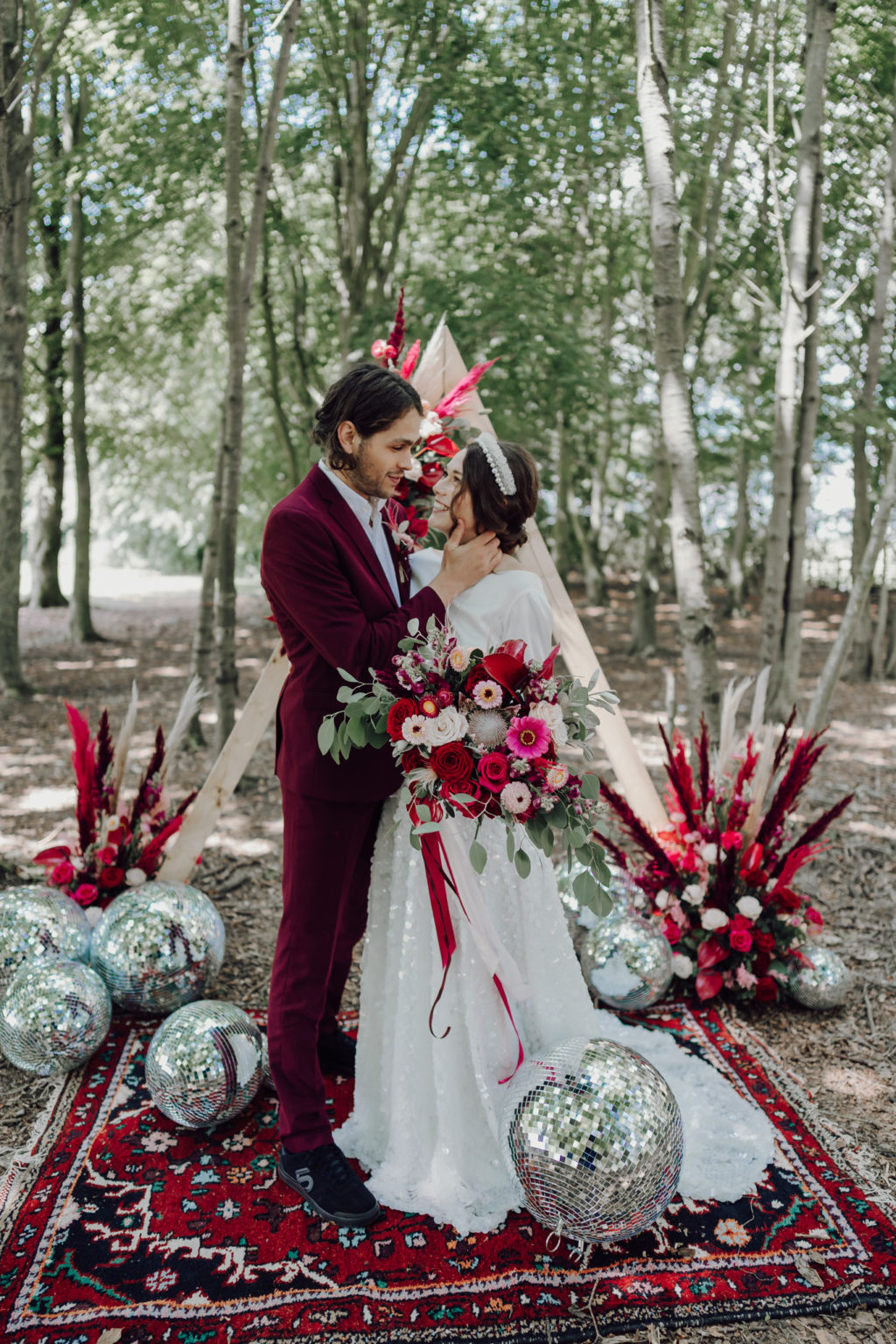 Disco Woodland Wedding With Glitter Balls and Ethical British Bridalwear