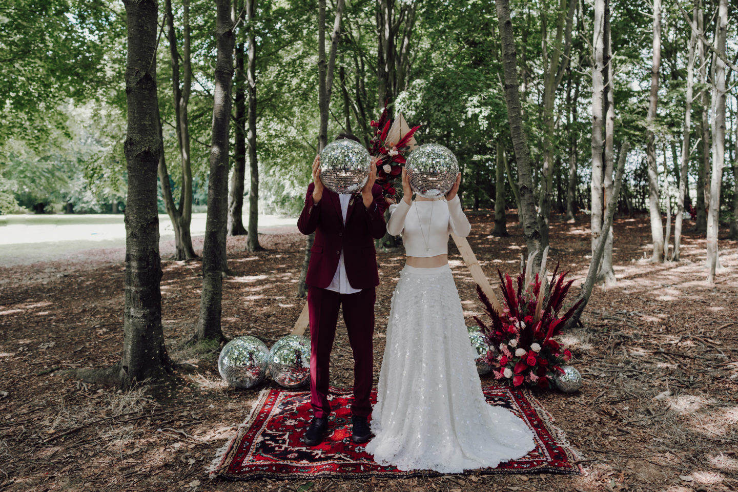 Disco Woodland Wedding With Glitter Balls and Ethical British Bridalwear