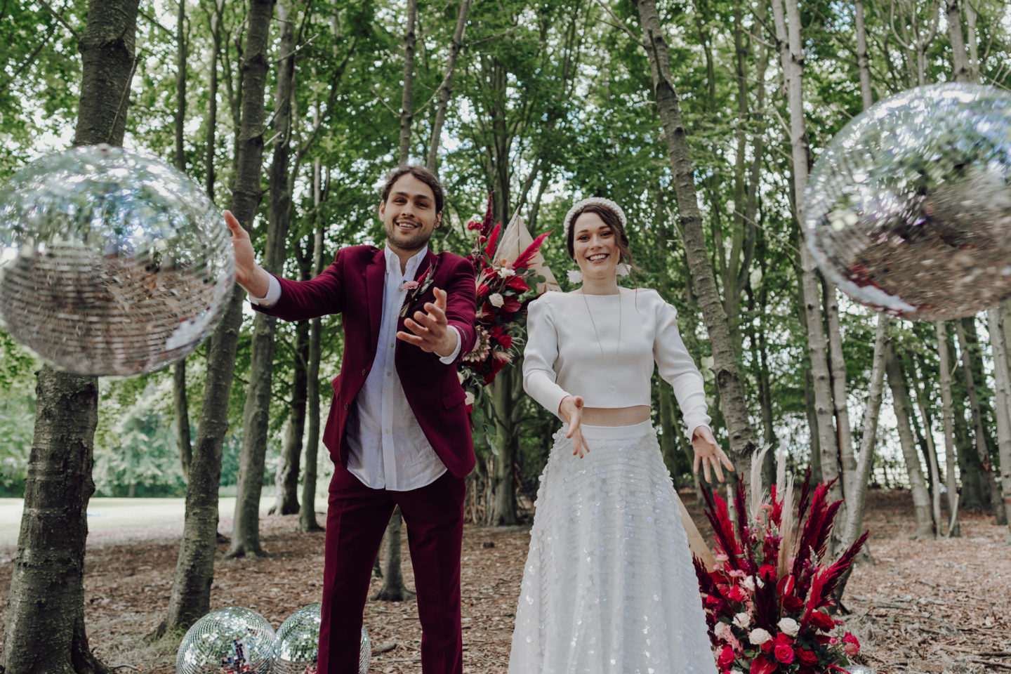 Disco Woodland Wedding With Glitter Balls and Ethical British Bridalwear