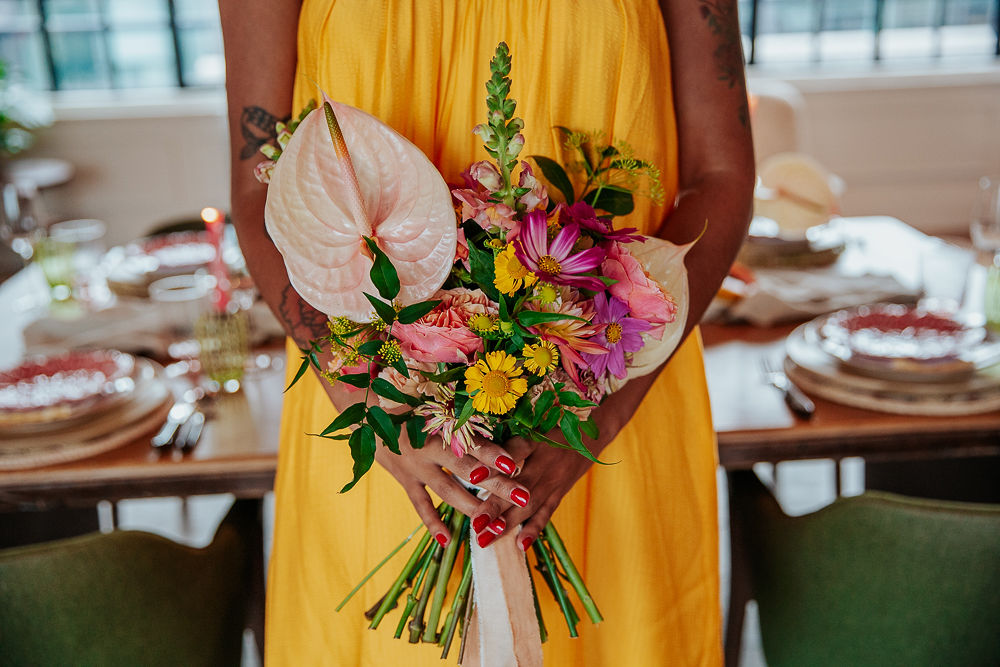 Tropical City Wedding Inspiration At Mortimer House With Short Yellow Wedding Dress