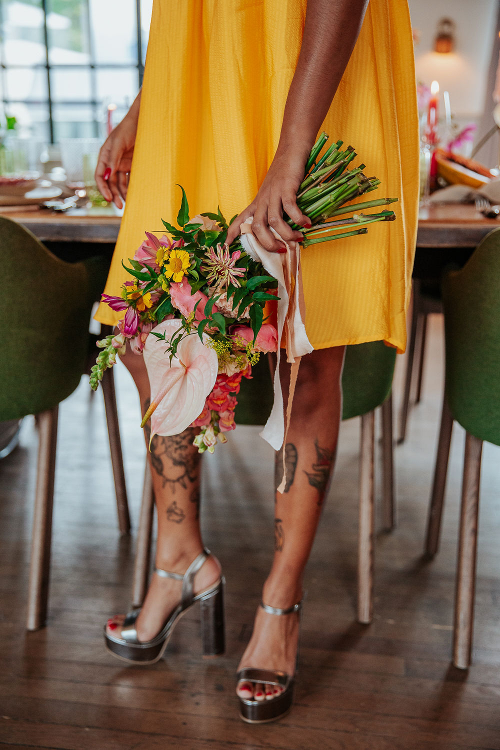 Tropical City Wedding Inspiration At Mortimer House With Short Yellow Wedding Dress