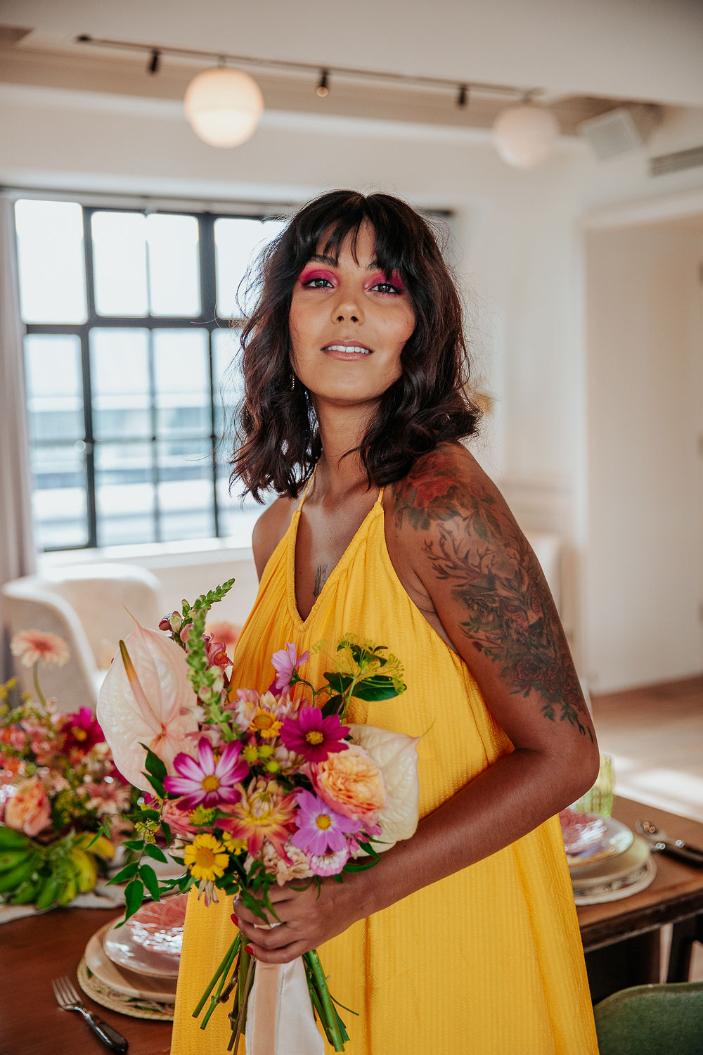Tropical City Wedding Inspiration At Mortimer House With Short Yellow Wedding Dress