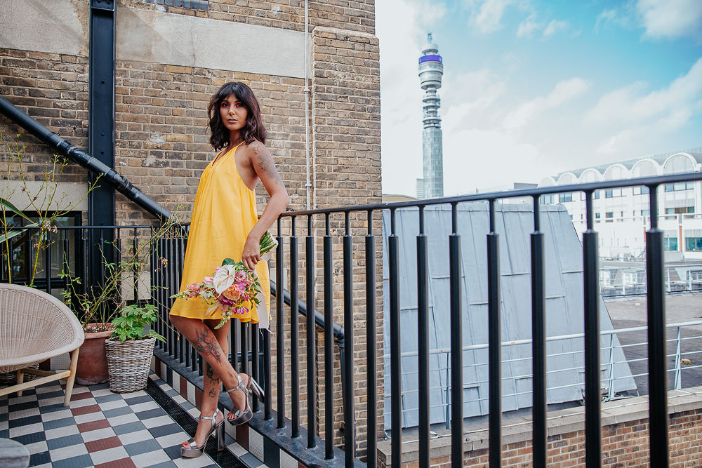 Tropical City Wedding Inspiration At Mortimer House With Short Yellow Wedding Dress