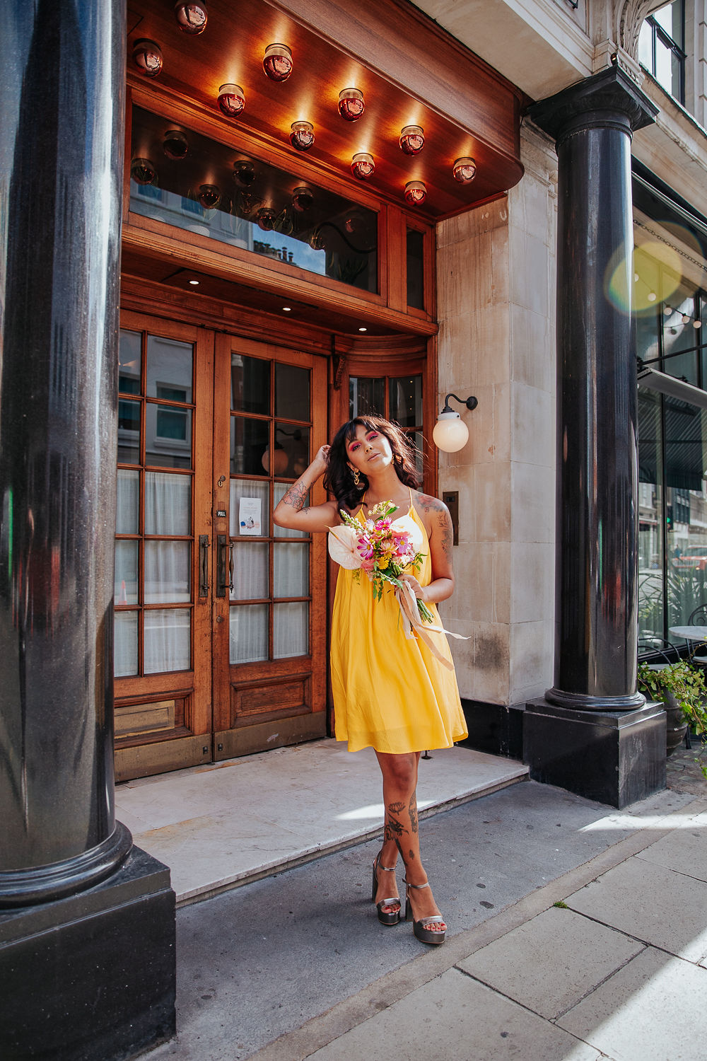 Tropical City Wedding Inspiration At Mortimer House With Short Yellow Wedding Dress