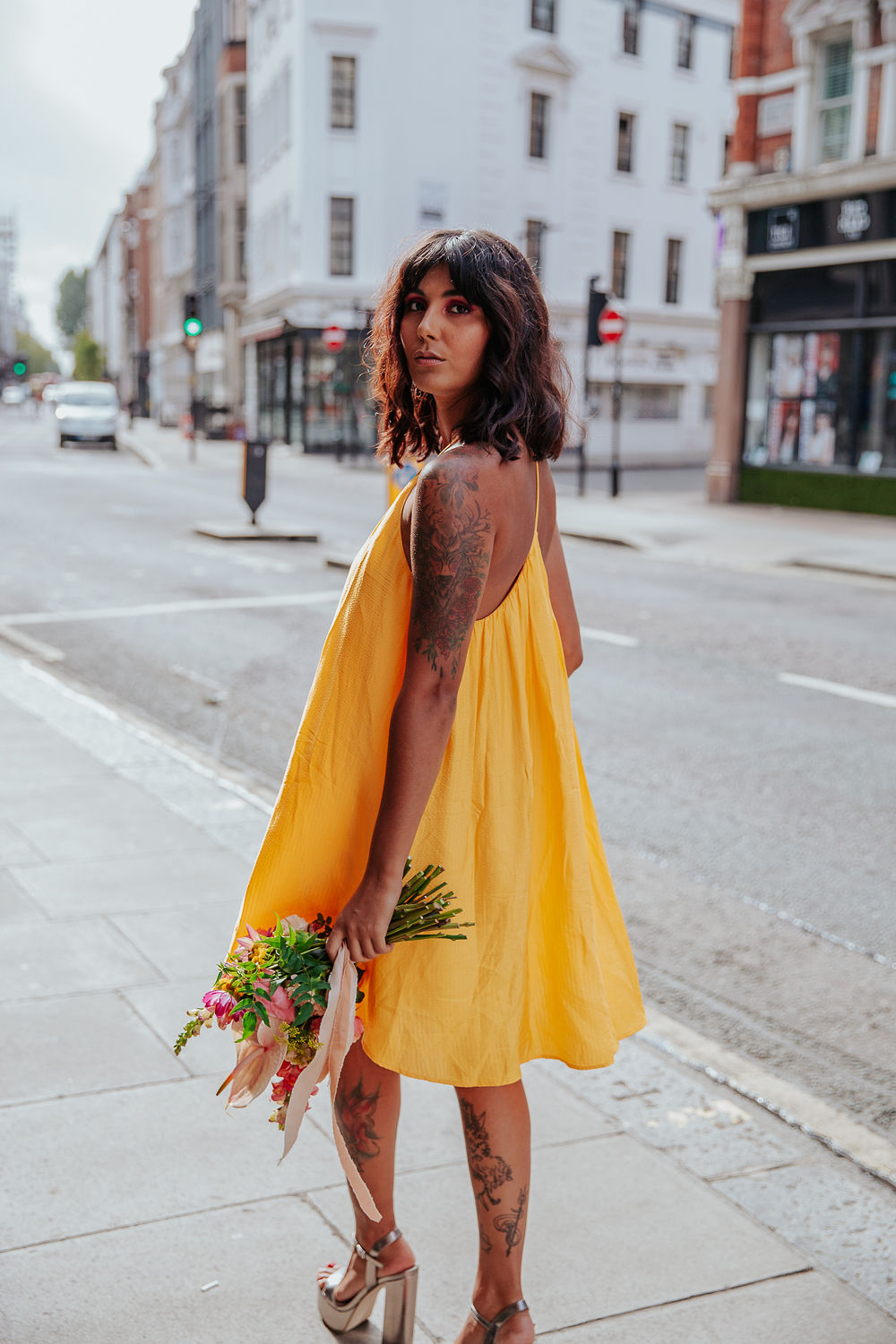 Tropical City Wedding Inspiration At Mortimer House With Short Yellow Wedding Dress
