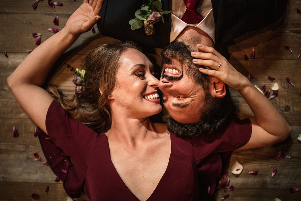 Rustic Boho Wedding with Coloured Wedding Dress at Bunkers Barn