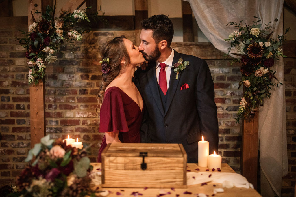 Rustic Boho Wedding with Coloured Wedding Dress at Bunkers Barn