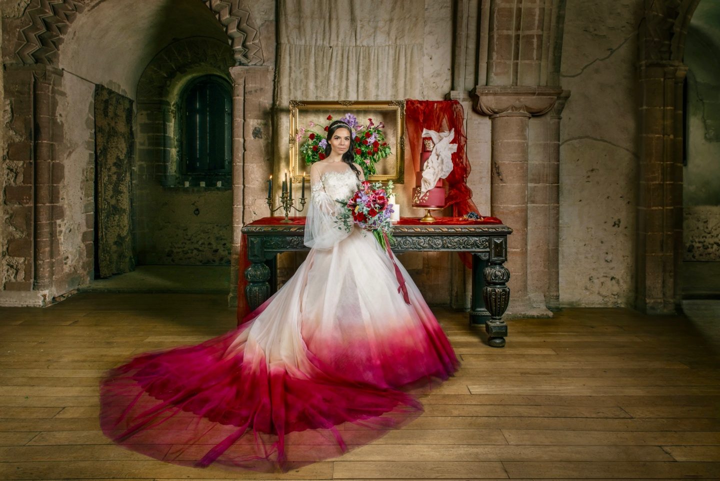 Medieval Christmas Wedding With Dip Dye Wedding Dress at Hedingham Castle, Essex