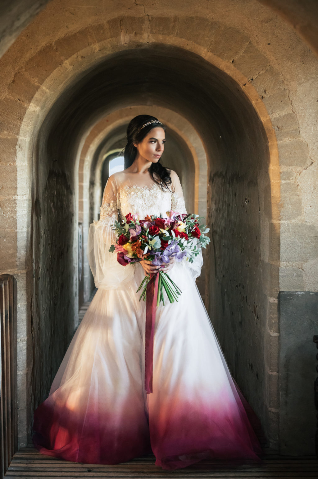 Medieval Christmas Wedding With Dip Dye Wedding Dress at Hedingham Castle, Essex