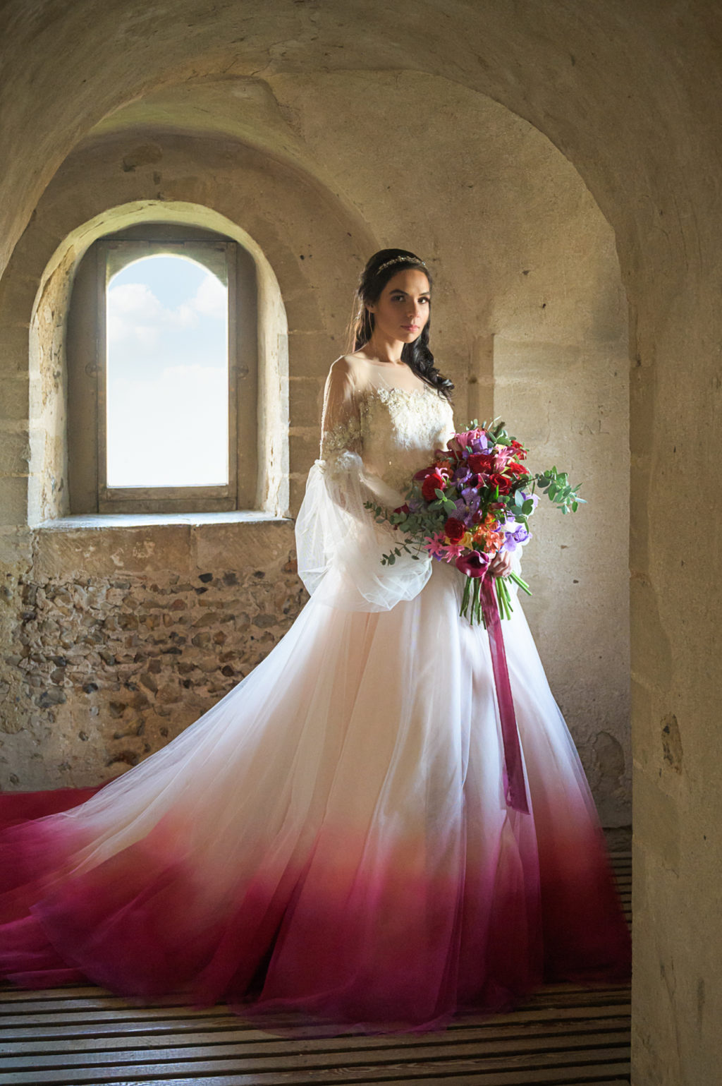 Medieval Christmas Wedding With Dip Dye Wedding Dress at Hedingham Castle, Essex