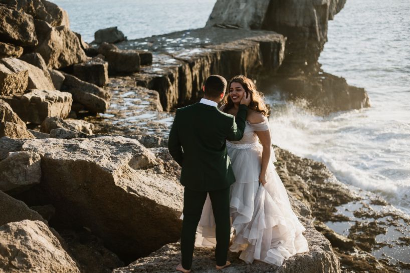 Intimate Elopement With Ballgown Wedding Dress At Portland Bill, Dorset
