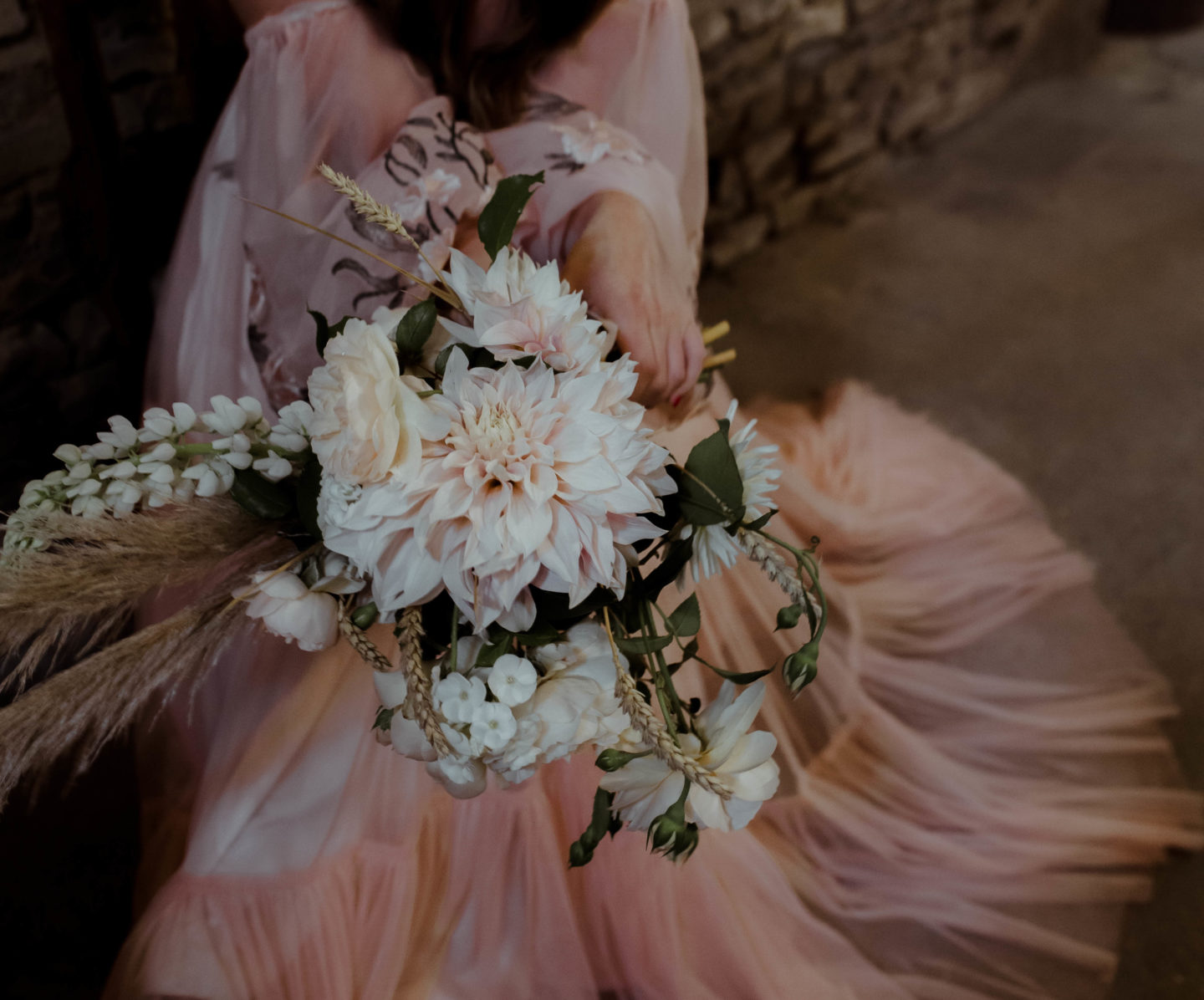 Micro Wedding With Pink Floral Wedding Dress At Manor Farm, Bristol