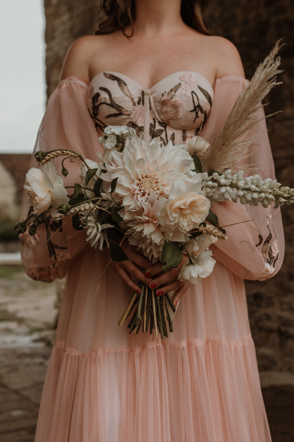 Micro Wedding With Pink Floral Wedding Dress At Manor Farm, Bristol