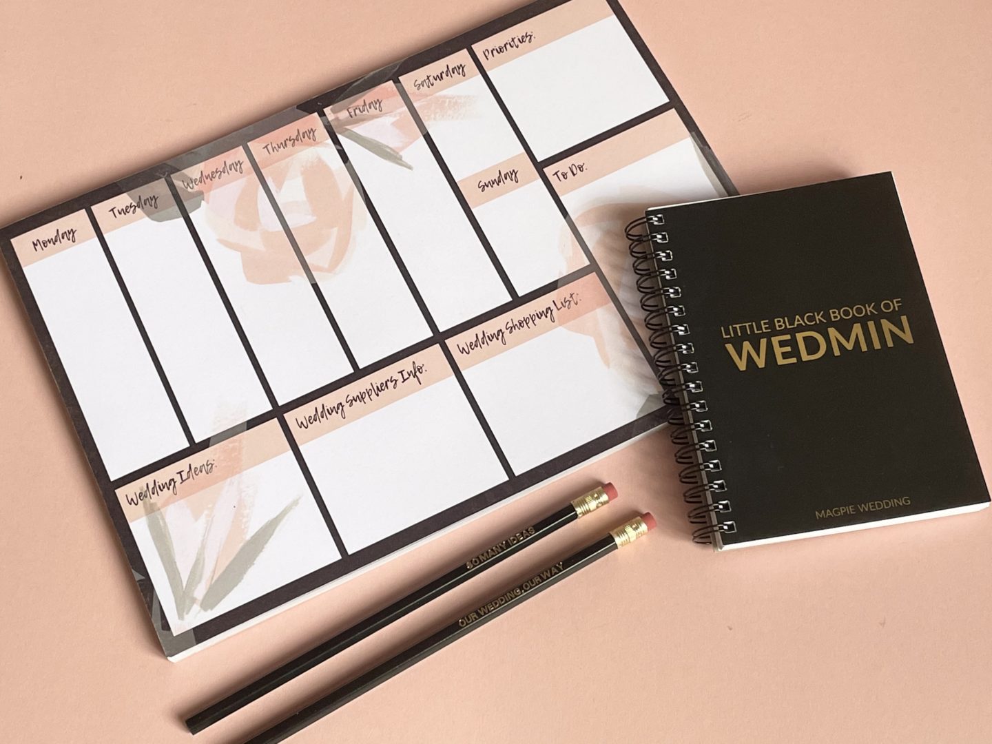 Wedding Planning Notepad, Desk Planner, Pencils Stationery Set