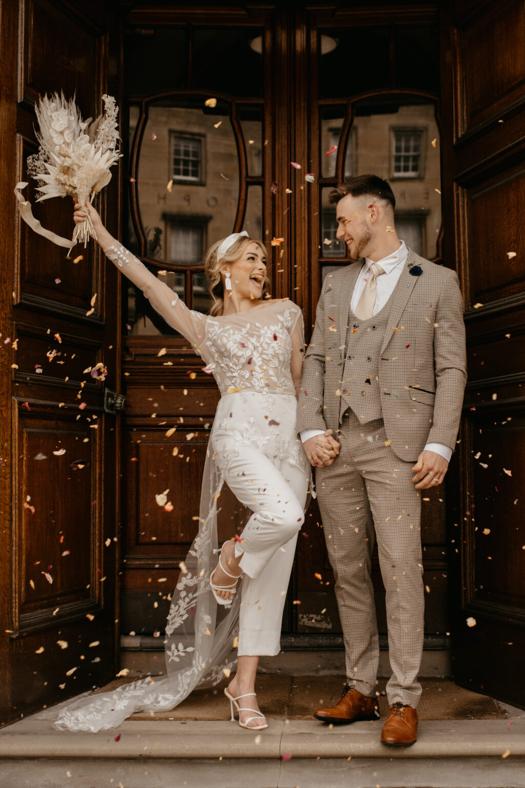 City Elopement With Bridal Jumpsuit and Vintage Wedding Car In Guildhall, Bath