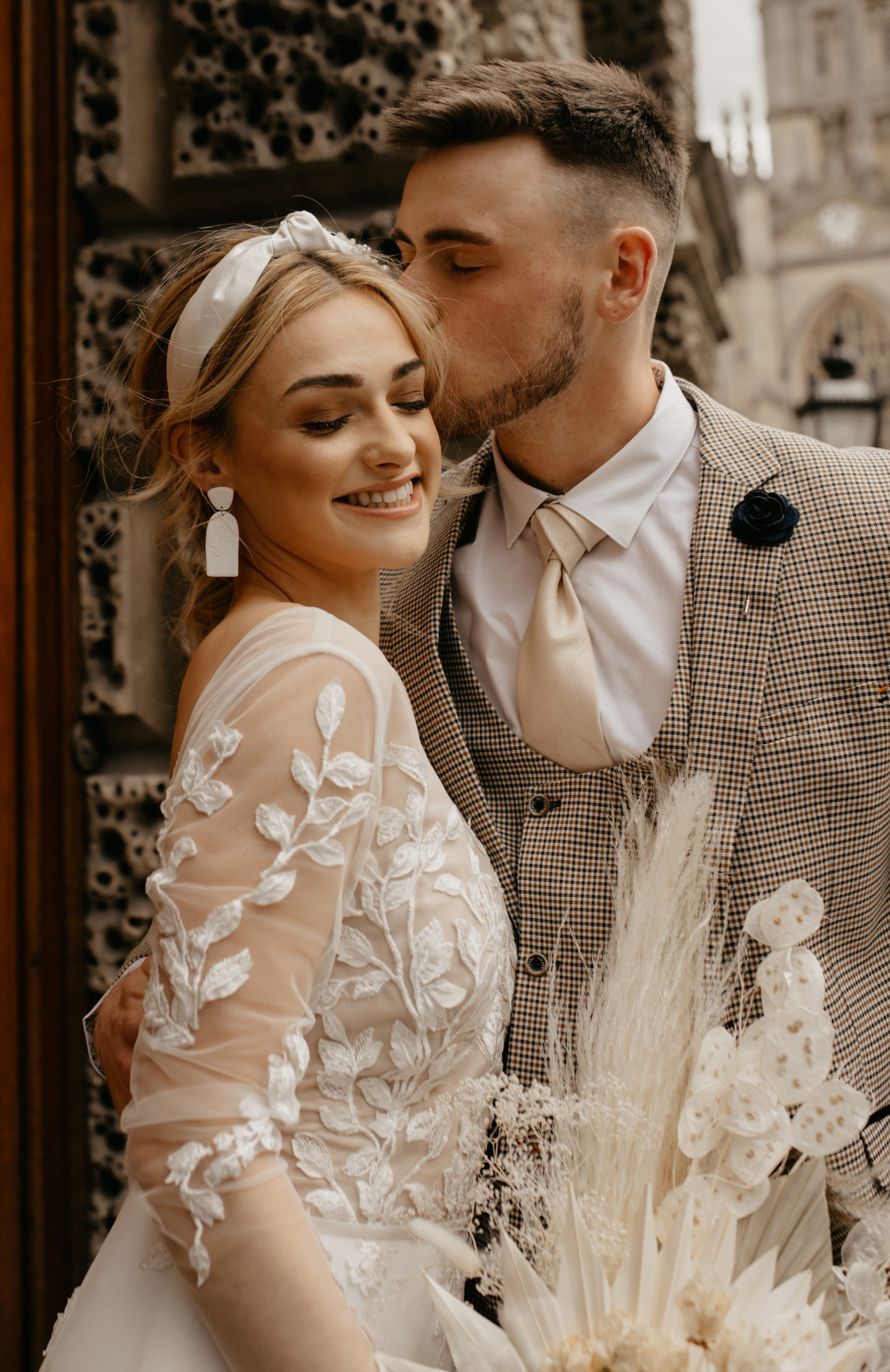 City Elopement With Bridal Jumpsuit and Vintage Wedding Car In Guildhall, Bath