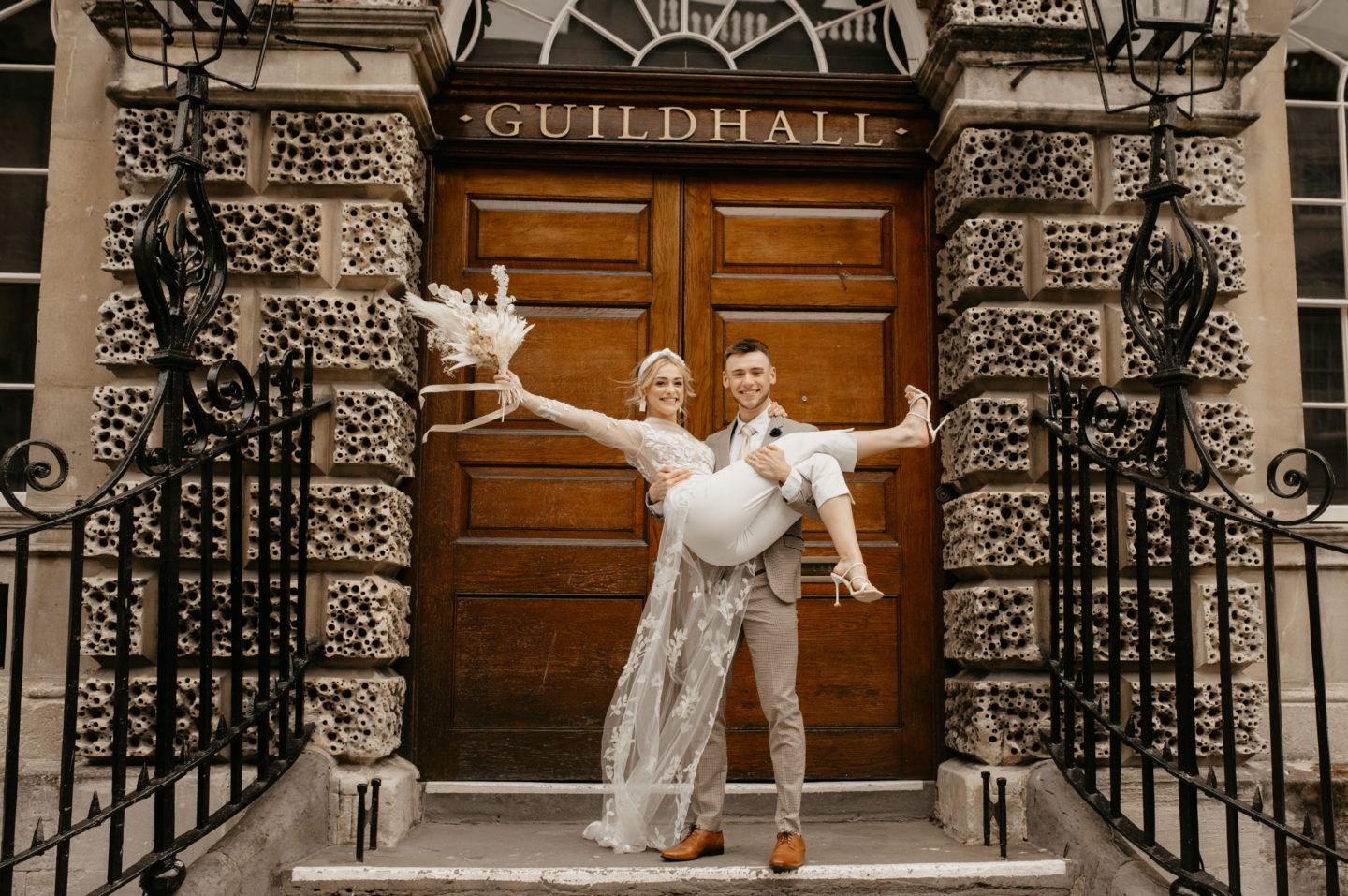 City Elopement With Bridal Jumpsuit and Vintage Wedding Car In Guildhall, Bath