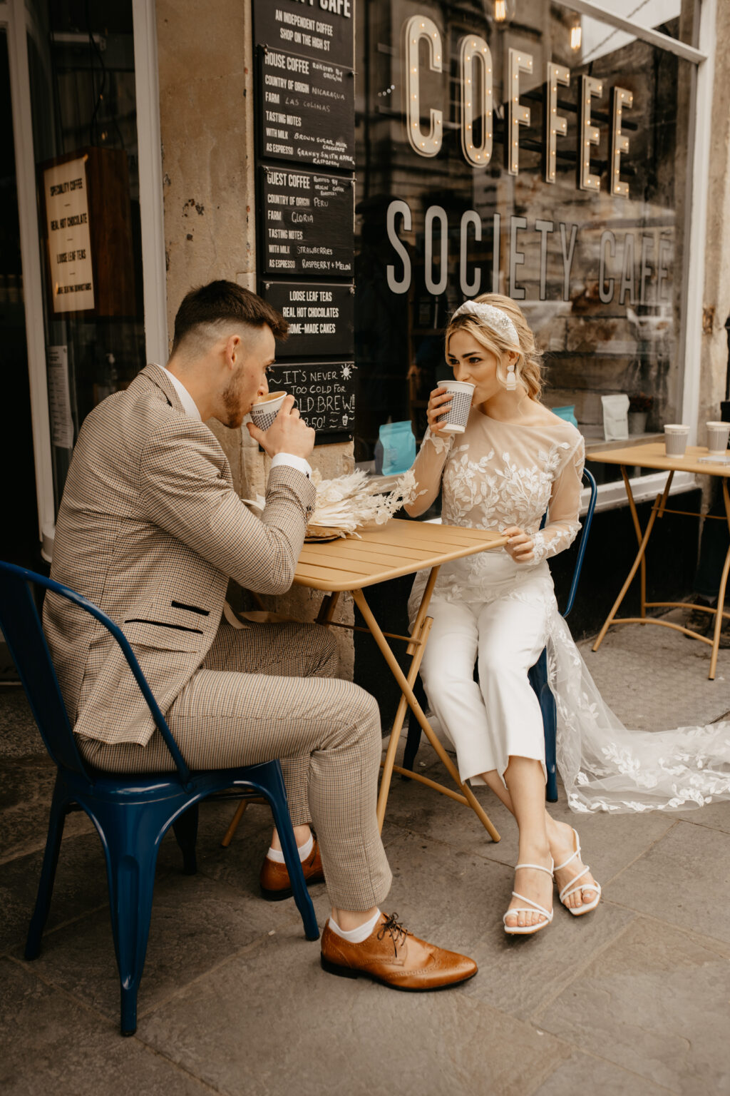 City Elopement With Bridal Jumpsuit and Vintage Wedding Car In Guildhall, Bath