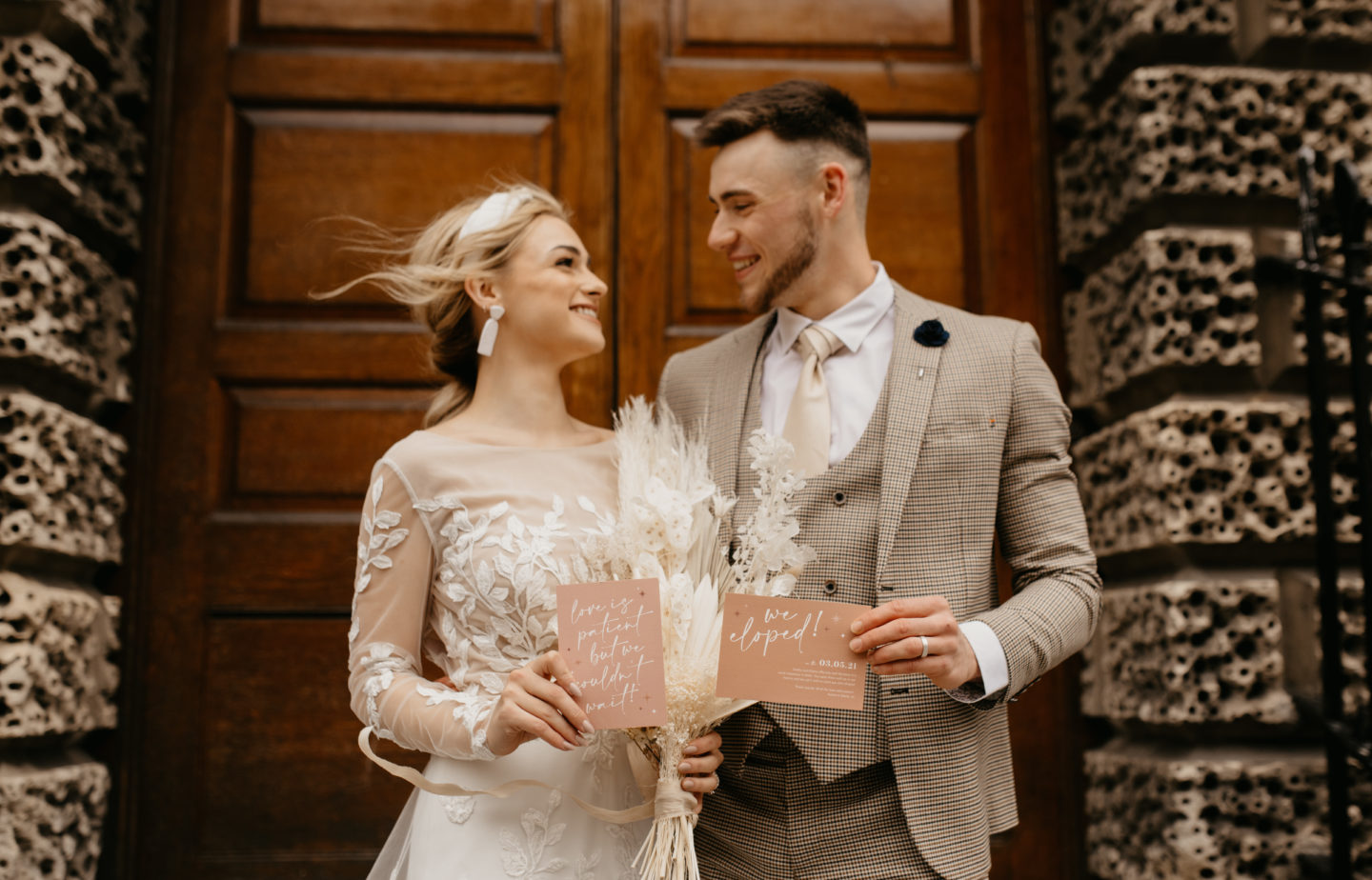 City Elopement With Bridal Jumpsuit and Vintage Wedding Car In Guildhall, Bath