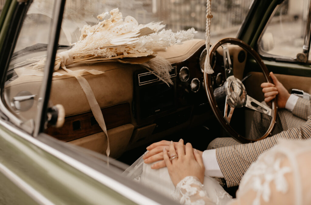City Elopement With Bridal Jumpsuit and Vintage Wedding Car In Guildhall, Bath