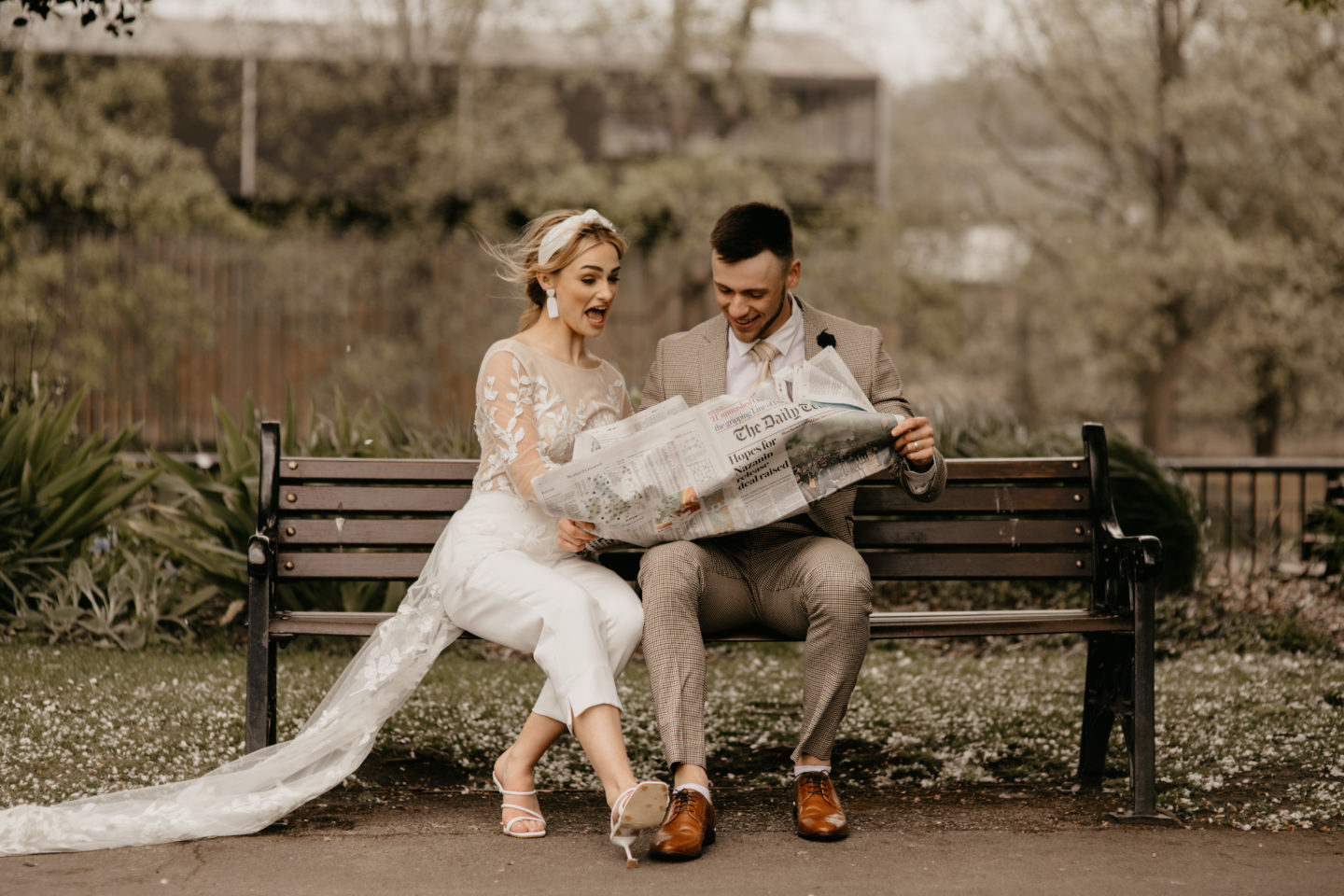 City Elopement With Bridal Jumpsuit and Vintage Wedding Car In Guildhall, Bath