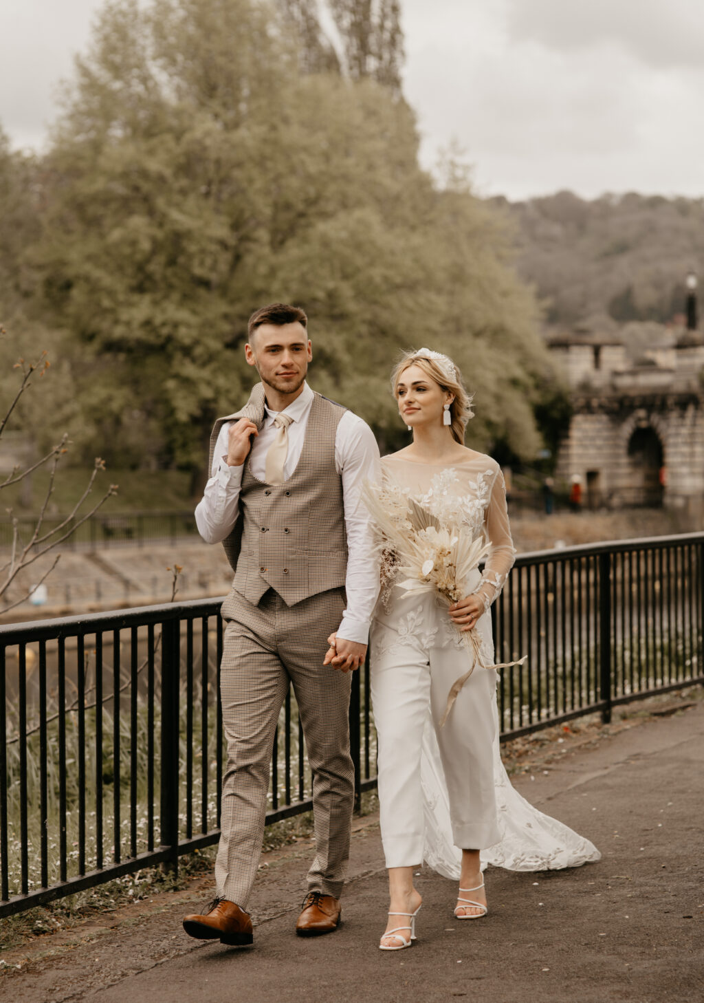 City Elopement With Bridal Jumpsuit and Vintage Wedding Car In Guildhall, Bath