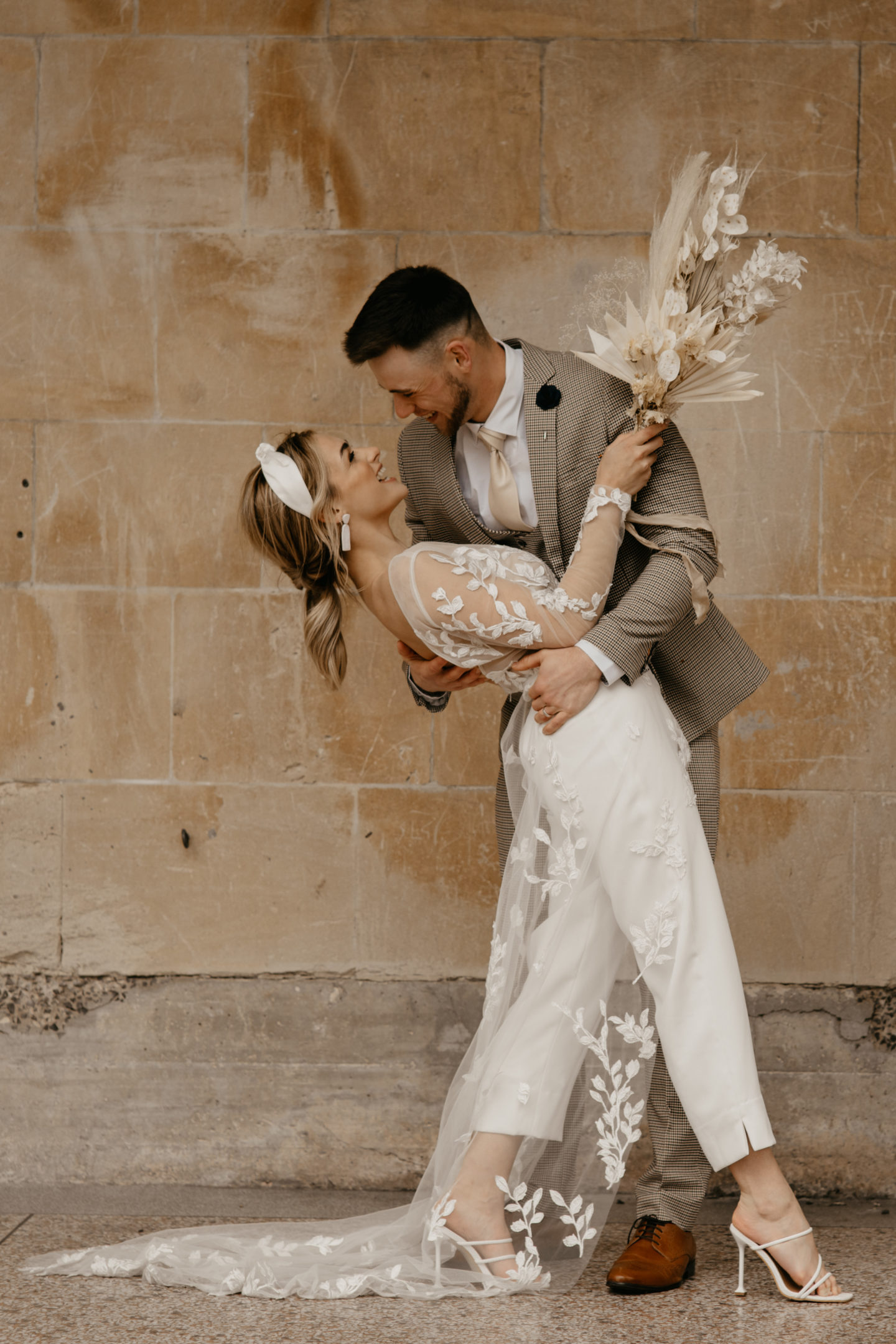 City Elopement With Bridal Jumpsuit and Vintage Wedding Car In Guildhall, Bath