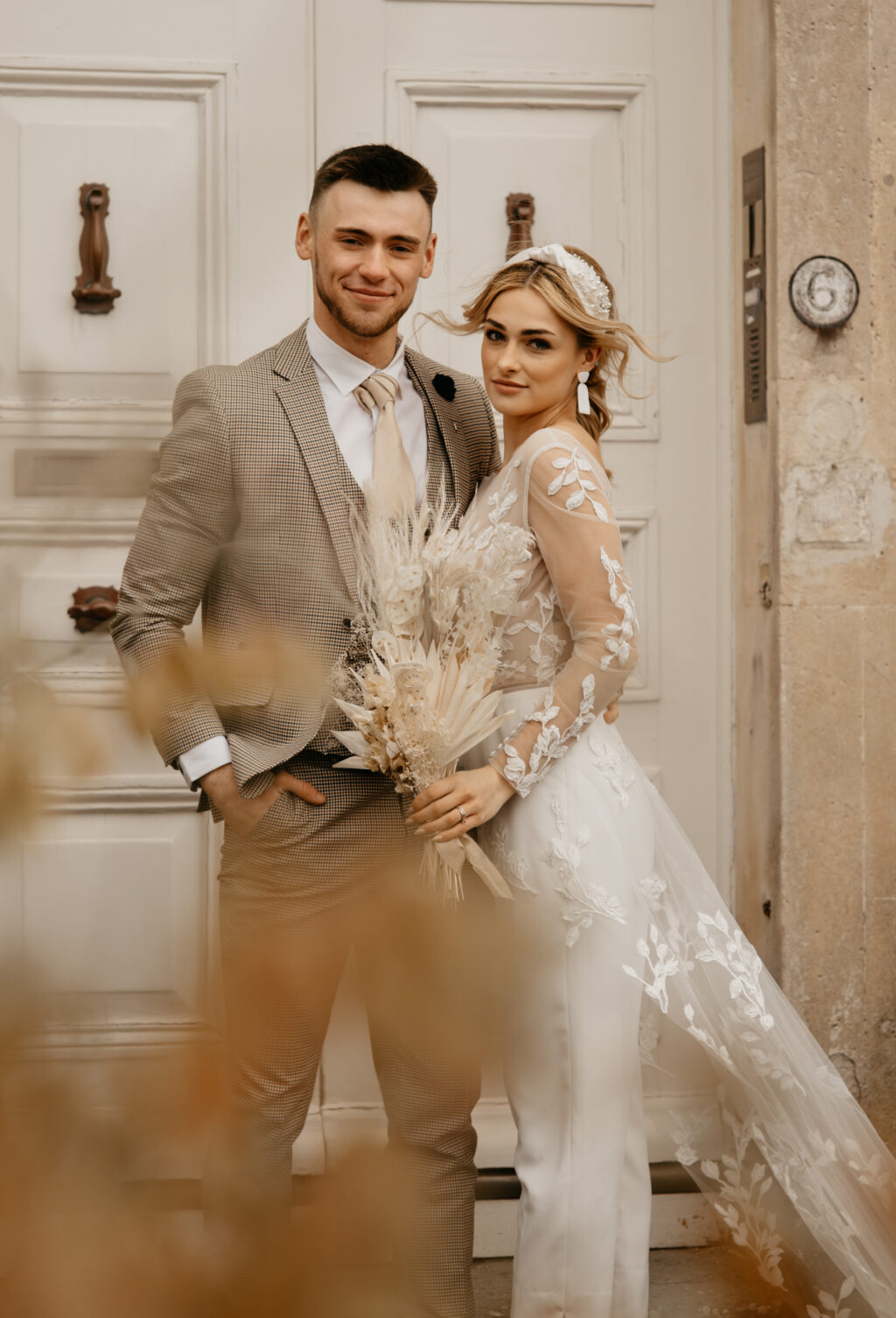 City Elopement With Bridal Jumpsuit and Vintage Wedding Car In Guildhall, Bath