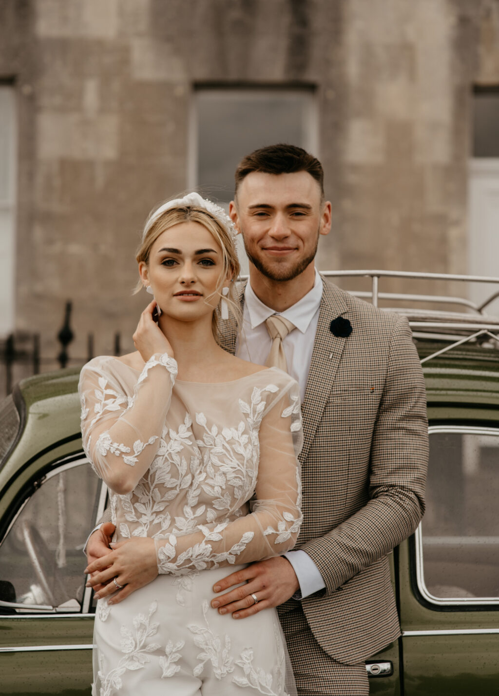 City Elopement With Bridal Jumpsuit and Vintage Wedding Car In Guildhall, Bath