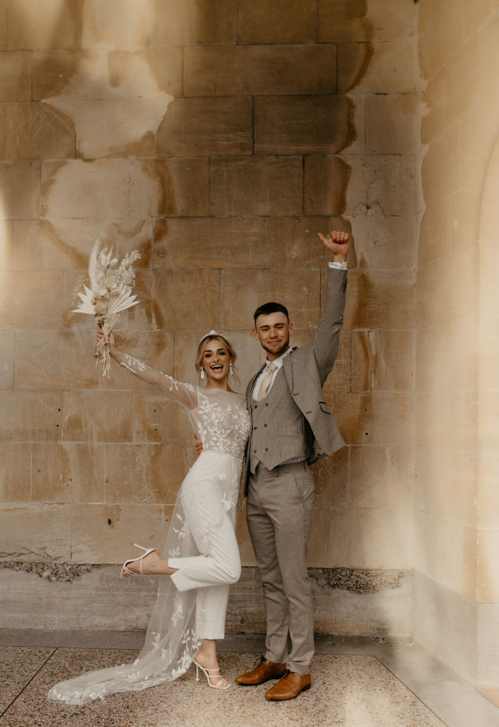 City Elopement With Bridal Jumpsuit and Vintage Wedding Car In Guildhall, Bath