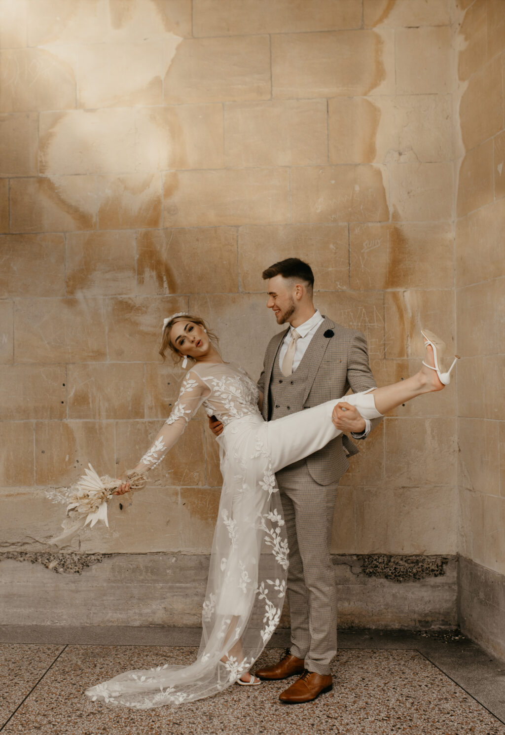 City Elopement With Bridal Jumpsuit and Vintage Wedding Car In Guildhall, Bath