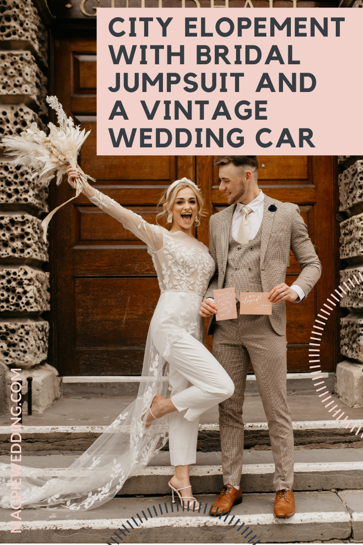 City Elopement With Bridal Jumpsuit and Vintage Wedding Car In Guildhall, Bath