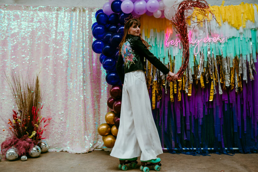 Rollerblade Disco Wedding With Bridal Jumpsuit at Silk Mill Studios, Somerset