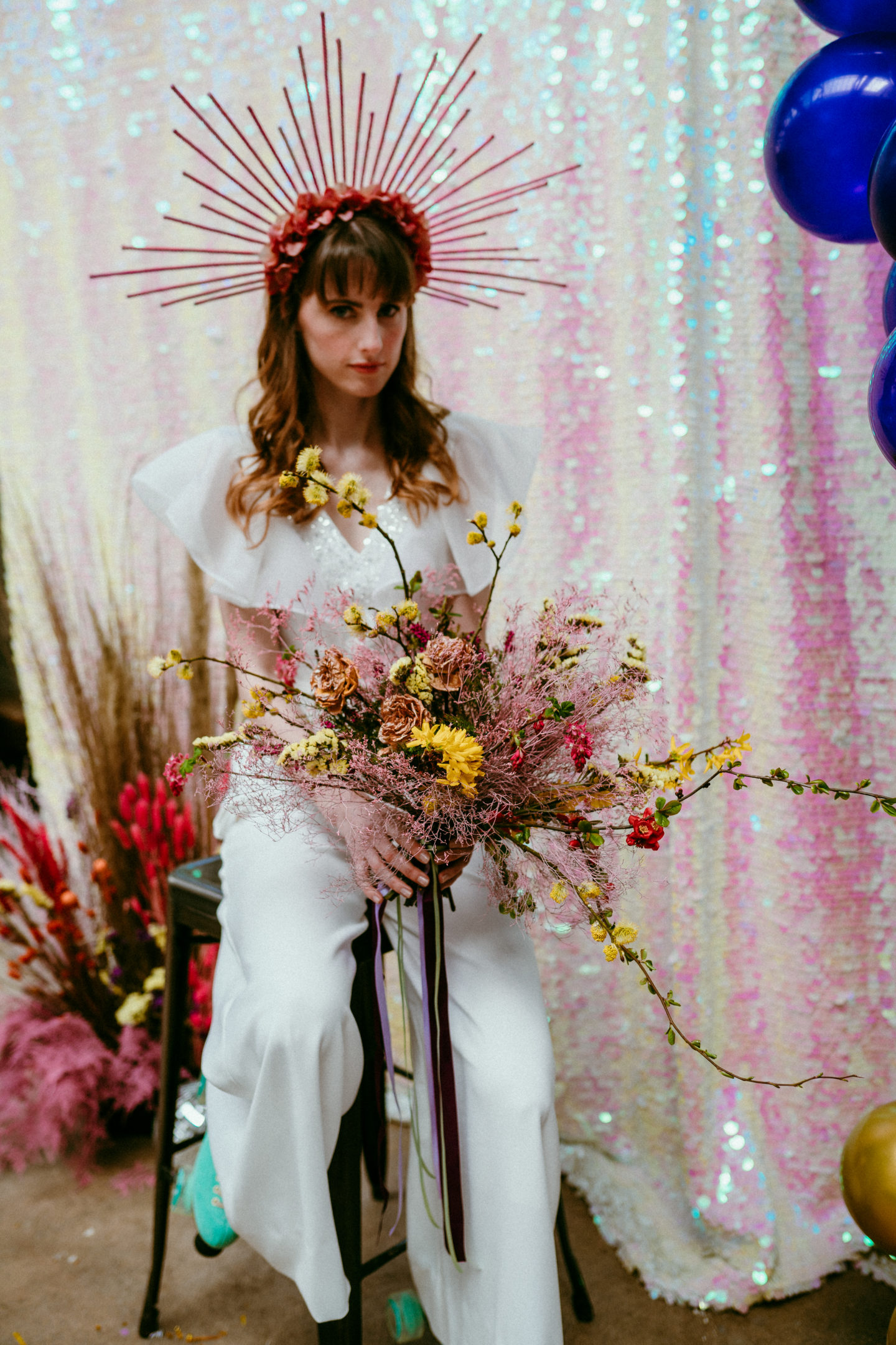 Rollerblade Disco Wedding With Bridal Jumpsuit at Silk Mill Studios, Somerset