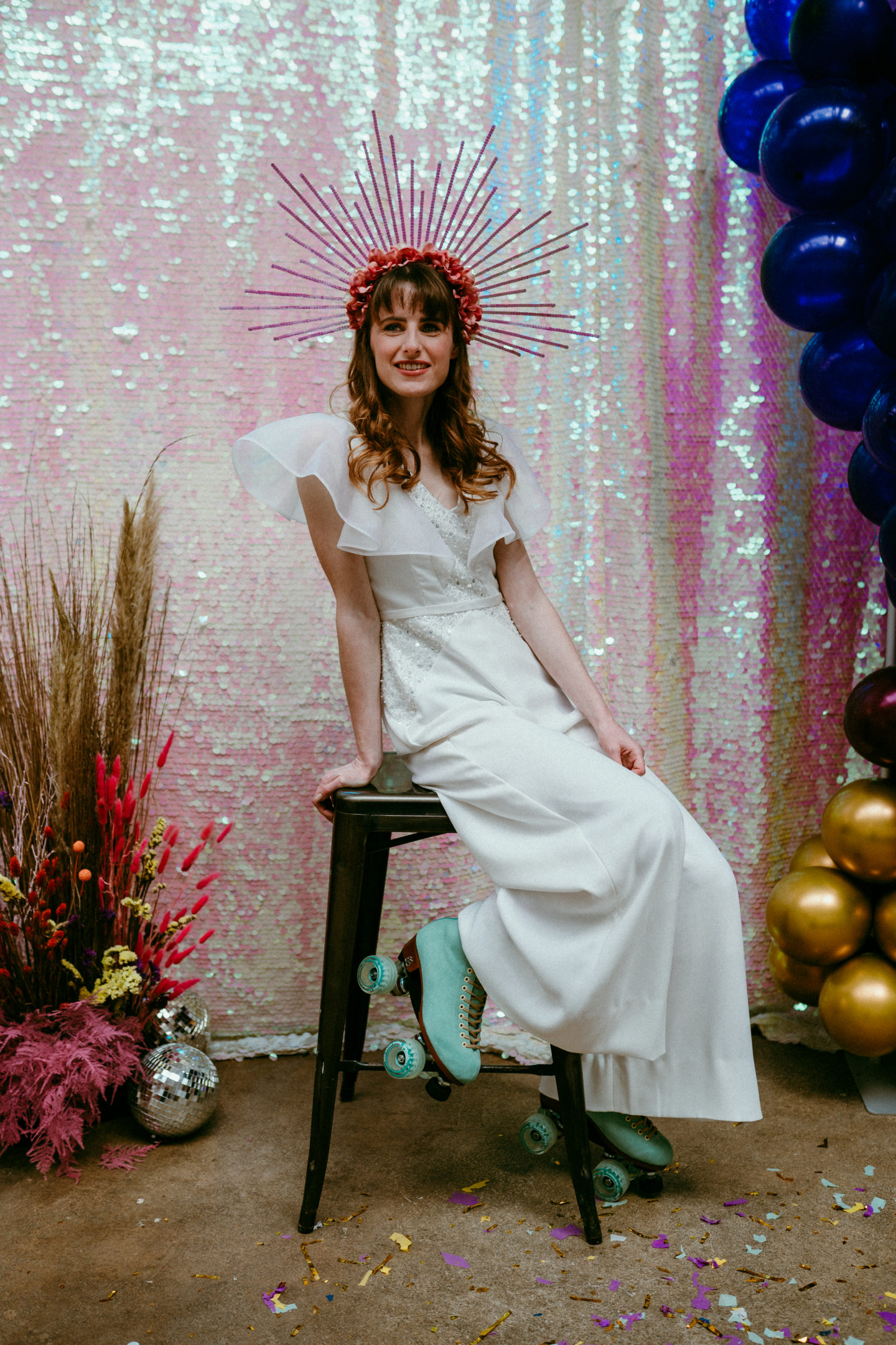 Rollerblade Disco Wedding With Bridal Jumpsuit at Silk Mill Studios, Somerset