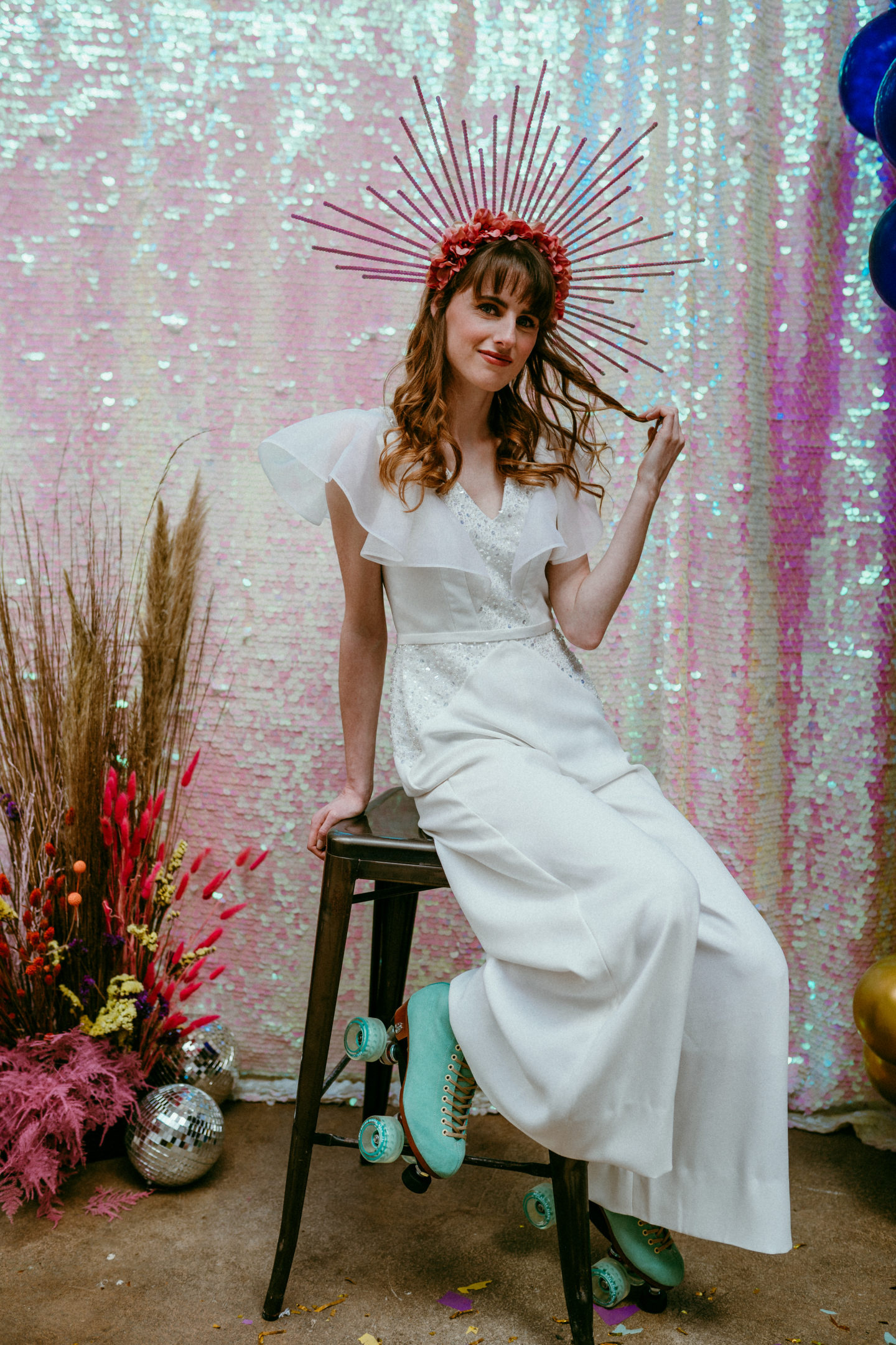 Rollerblade Disco Wedding With Bridal Jumpsuit at Silk Mill Studios, Somerset