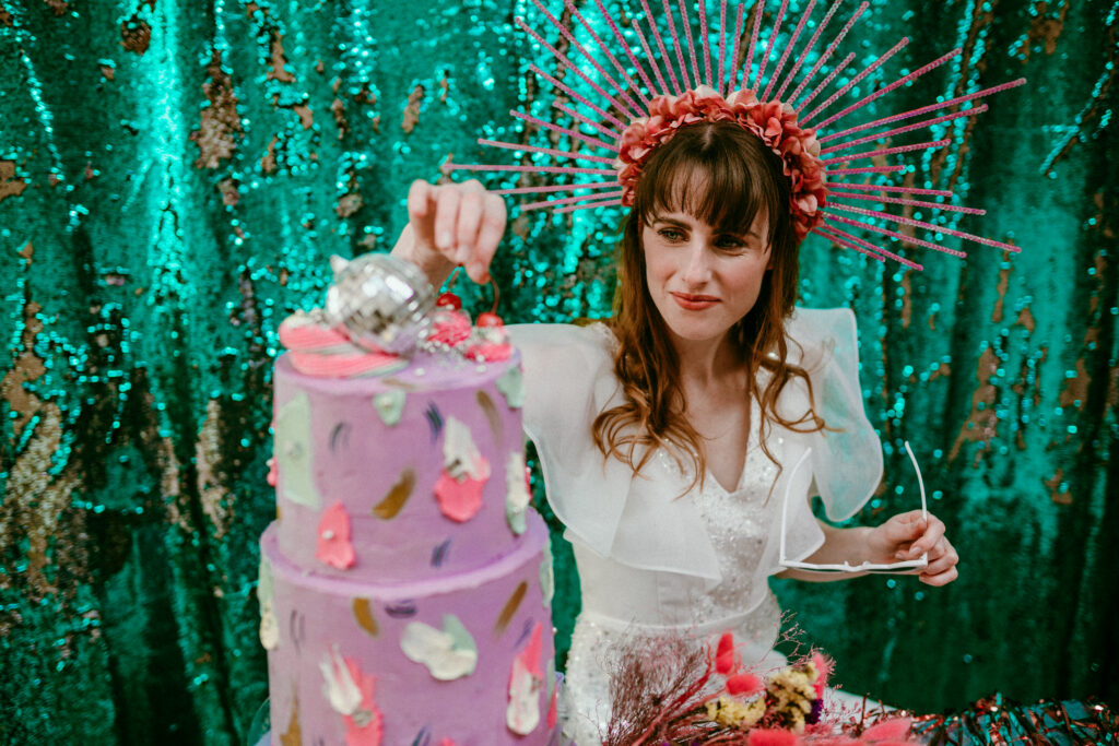 Rollerblade Disco Wedding With Bridal Jumpsuit at Silk Mill Studios, Somerset