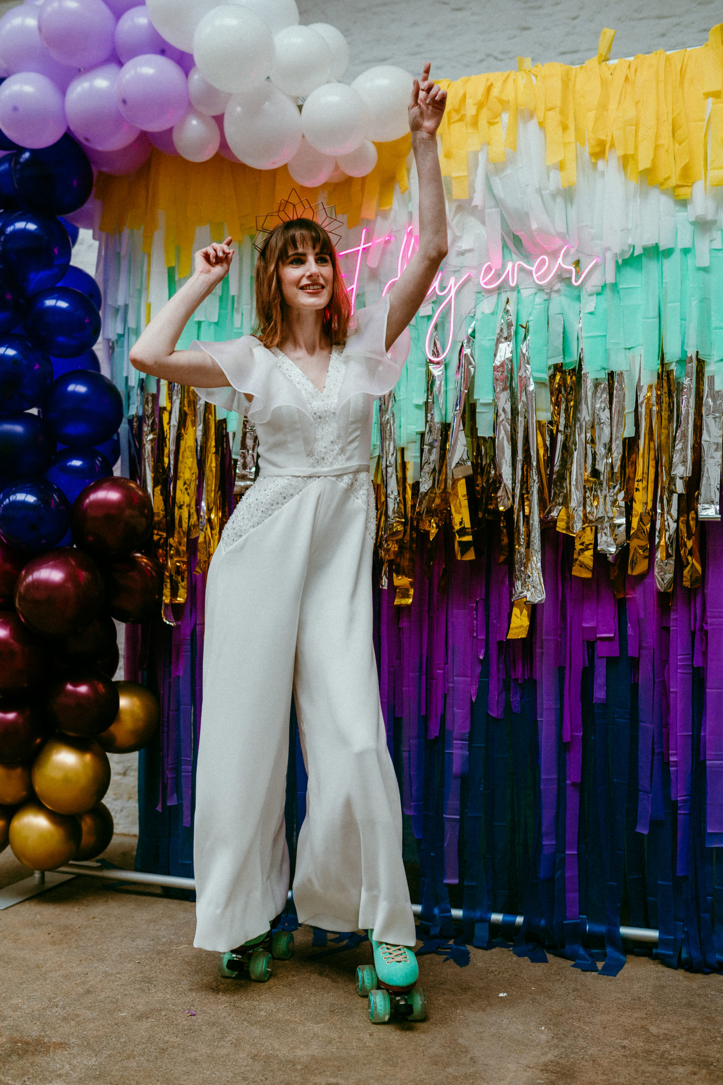 Rollerblade Disco Wedding With Bridal Jumpsuit at Silk Mill Studios, Somerset
