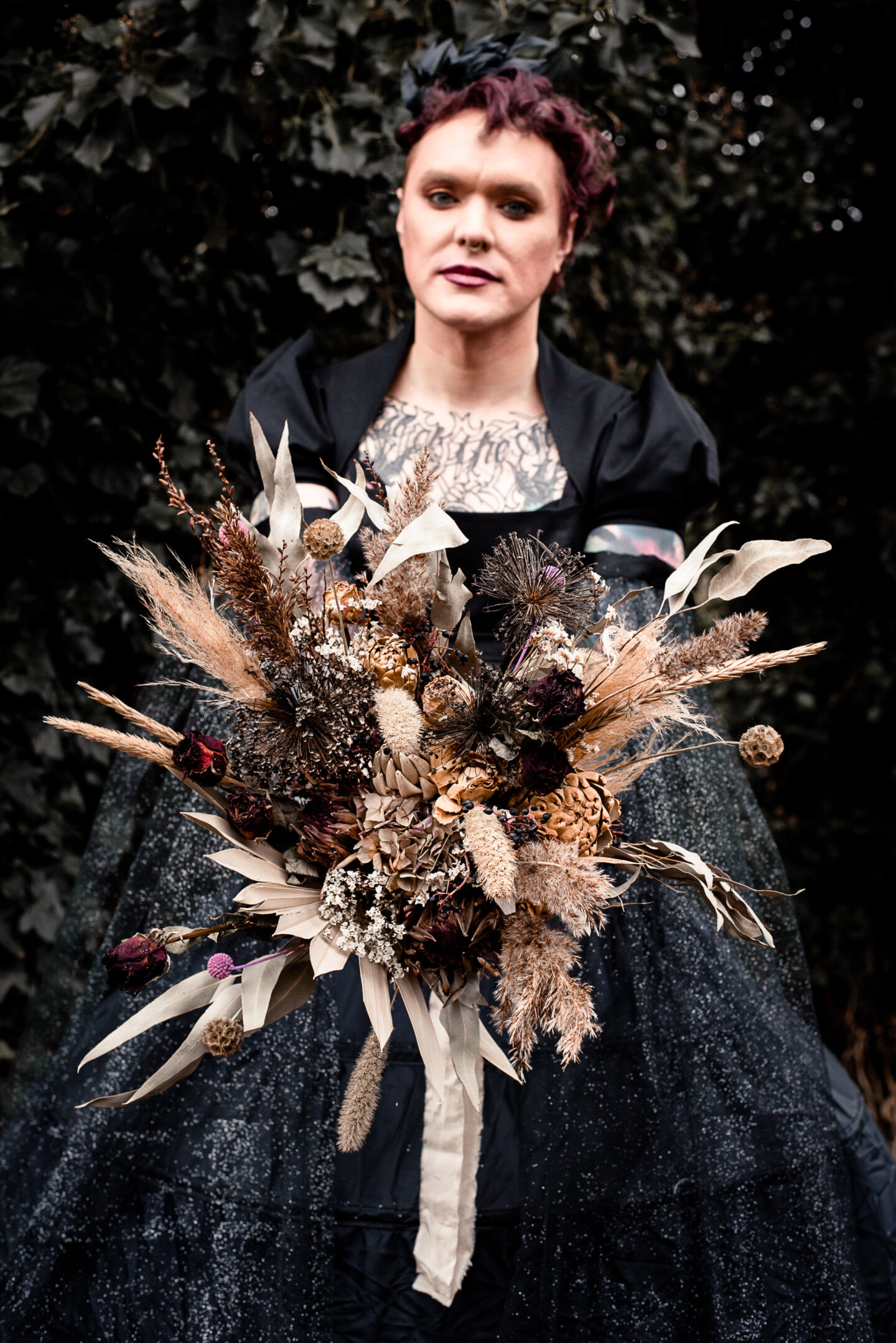 Transgender Bride With Black Wedding Dress and Goth Wedding Vibes