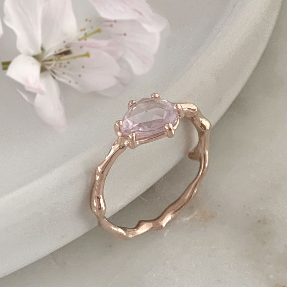 Cherry Twig Engagement Ring in Recycled Rose Gold and Rose Cut Ceylon Sapphire