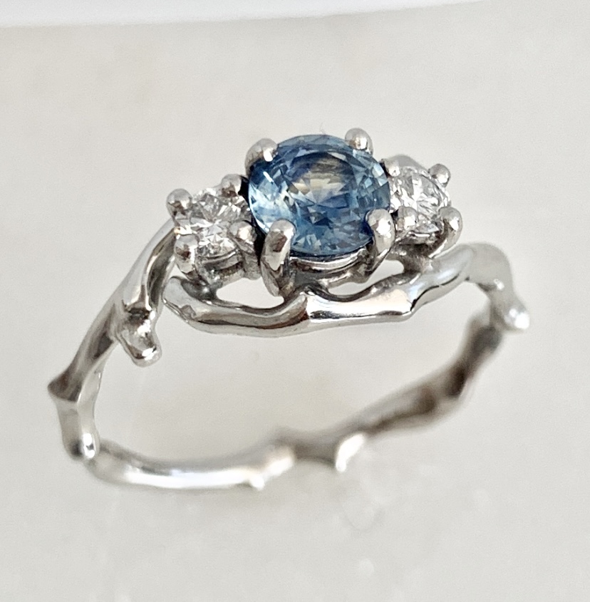 Cherry Twig Engagement Ring in Platinum with Montana Sapphire and Canadamark Diamonds