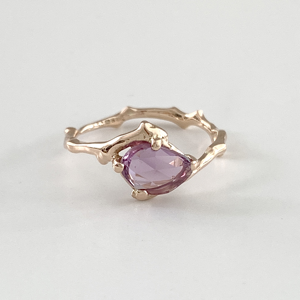 Cherry Twig Engagement Ring in Recycled Rose Gold with Rose Cut Ceylon Sapphire