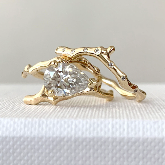 Cherry Twig Bridal Ring Set in Recycled Yellow Gold, Pear Shape Moissanite and Diamonds