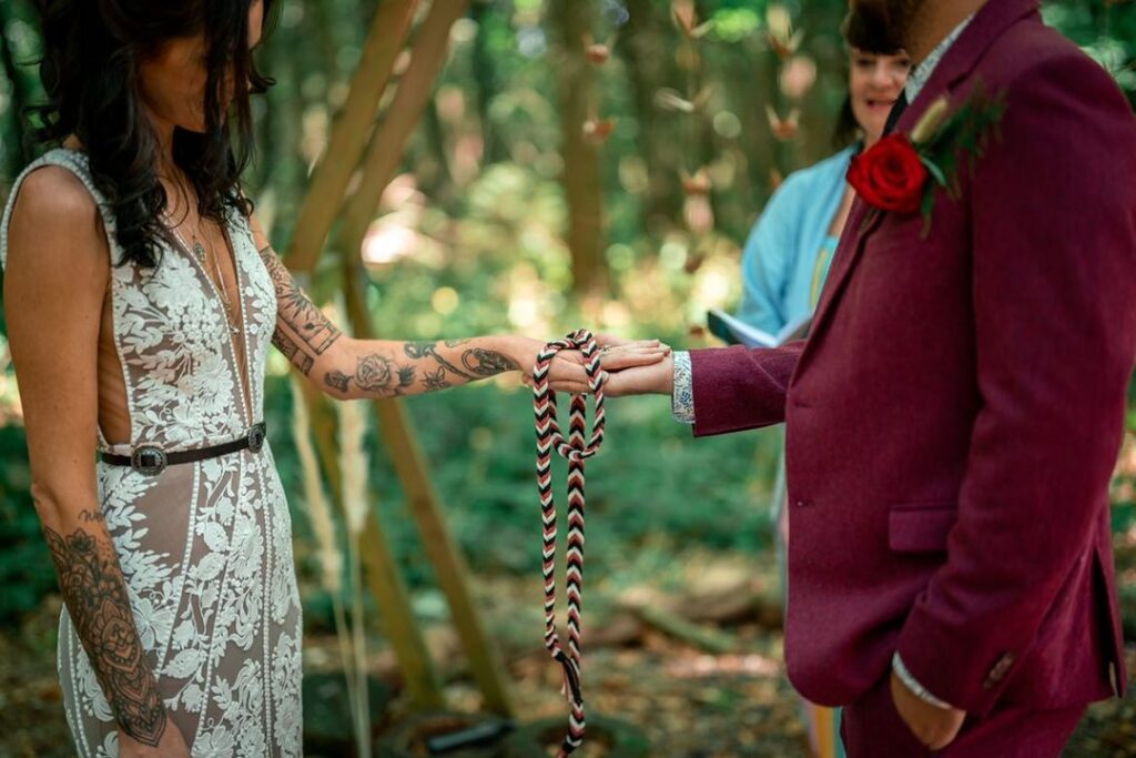 Hand fasting with personalised macrame cord for a cool couple.